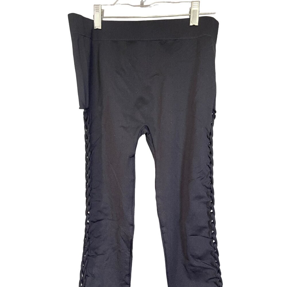BCBGMaxAzria Black Lattice Side Leggings Stretch Fit Womens Medium Large Stylish